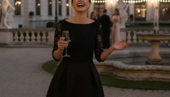 Frau im kurzen schwarzen Abendkleid bei einem Abendevent