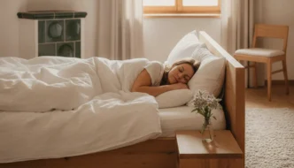 Frau schläft erholsam in einem hellen Schlafzimmer