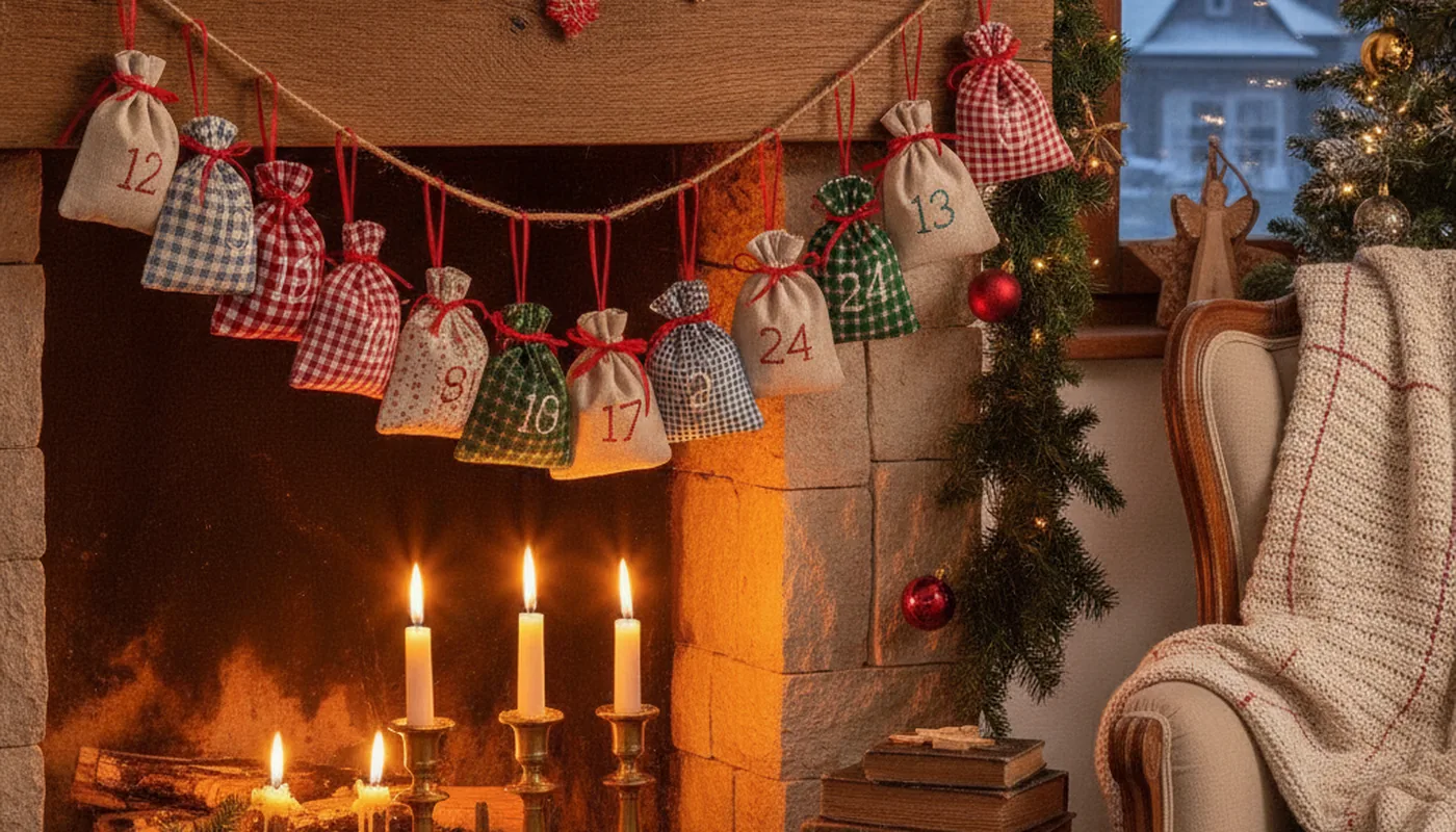 Selbstgemachter Adventskalender mit nummerierten Säckchen