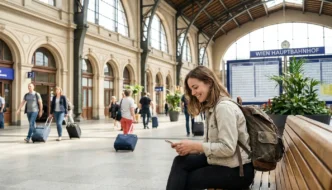 Frau mit Rucksack am Smartphone im Bahnhof