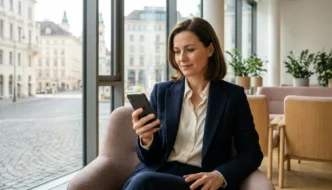 Geschäftsfrau am Smartphone in einer Lounge