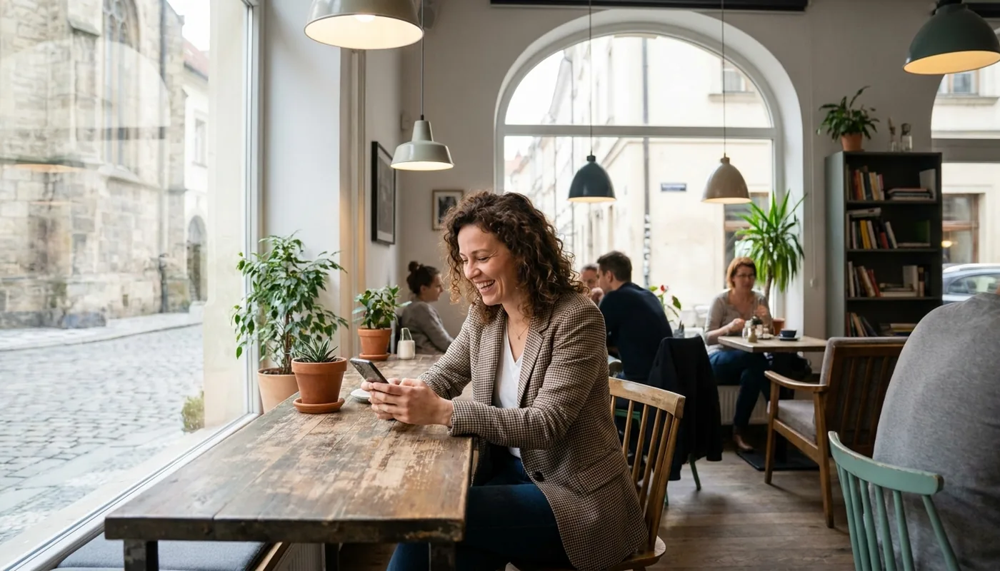 Frau lächelt beim Online-Dating mit dem Smartphone in einem Café