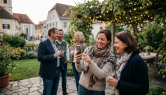 Freundesrunde im Garten mit dem Smartphone