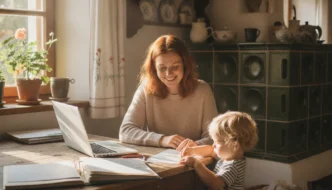 Mutter mit Kleinkind am Küchentisch