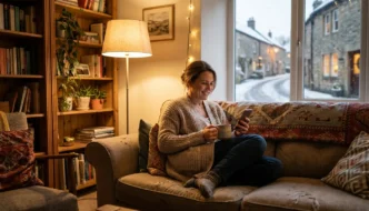 Frau entspannt mit Tee und Smartphone auf dem Sofa