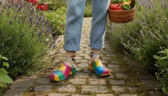Bunte Gartenclogs auf einem Gartenweg