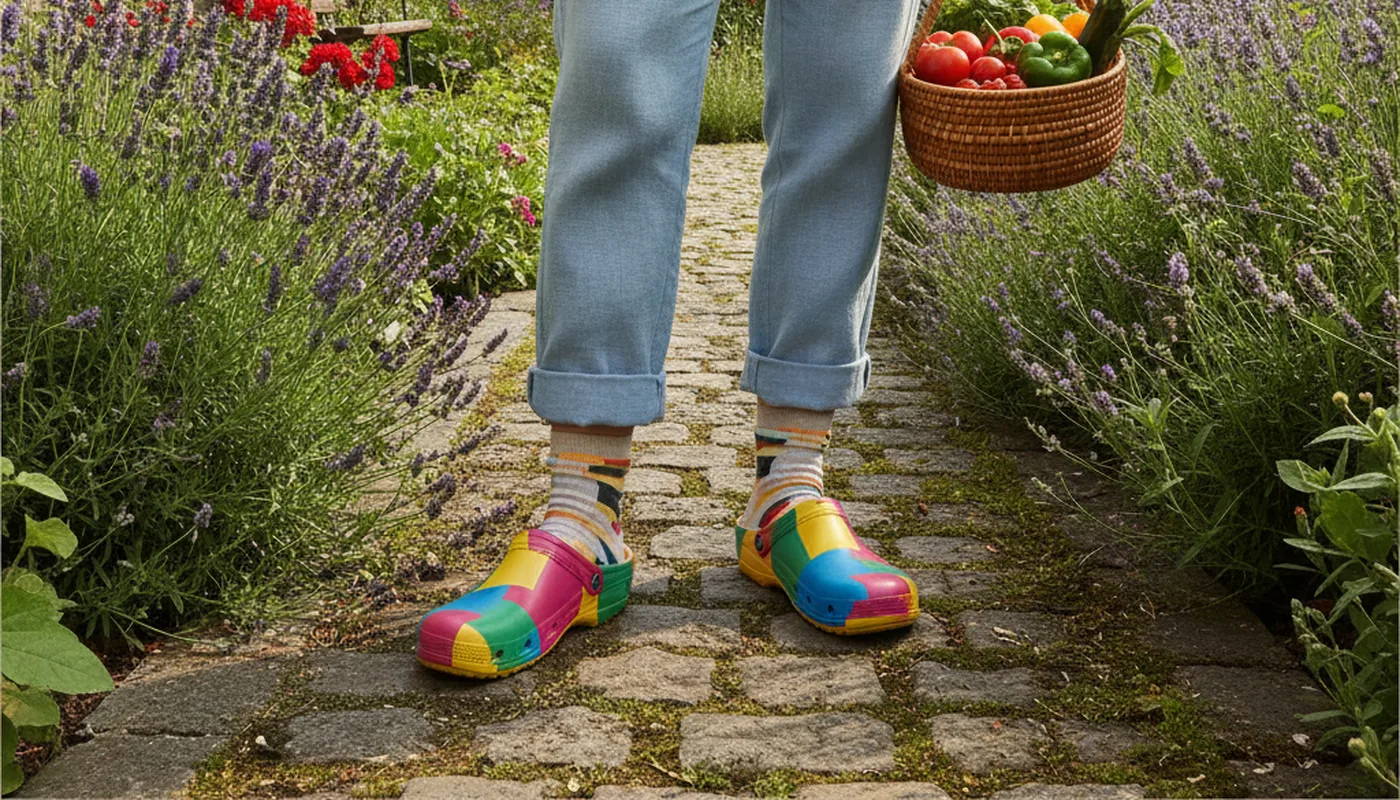 Bunte Gartenclogs auf einem Gartenweg