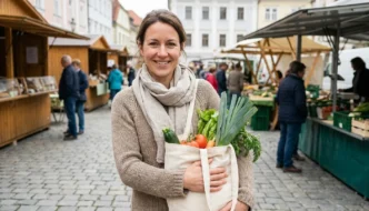 Frau mit Gemüse-Stofftasche am Wochenmarkt