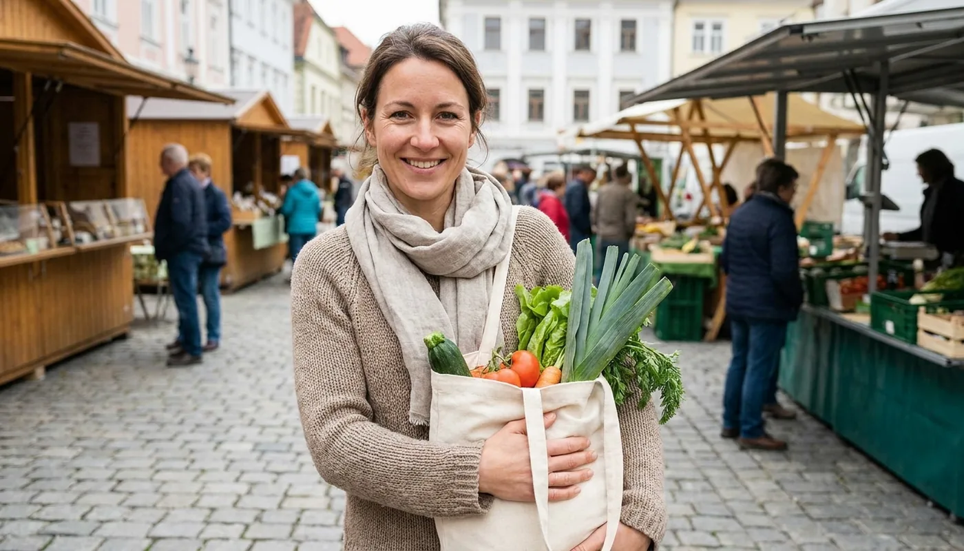 Frau mit Gemüse-Stofftasche am Wochenmarkt