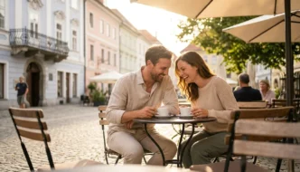 Paar beim ersten Date in einem Straßencafé