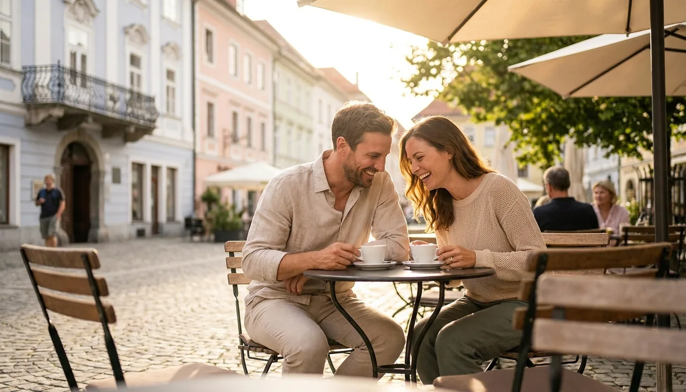 Paar beim ersten Date in einem Straßencafé