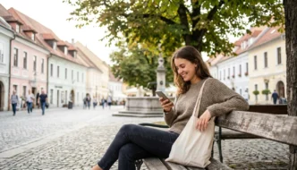 Frau lächelt am Smartphone auf einer Parkbank