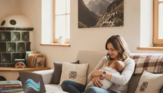 Mutter in Karenz mit Baby zu Hause