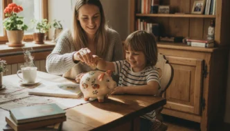 Mutter und Kind sparen Geld im Sparschwein