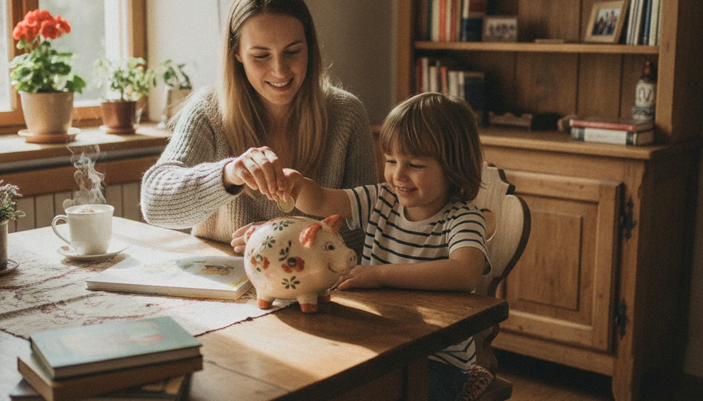 Mutter und Kind sparen Geld im Sparschwein