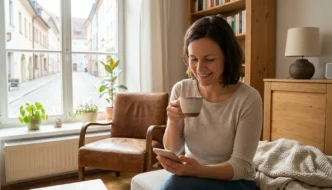 Frau mit Kaffee und Smartphone im Wohnzimmer