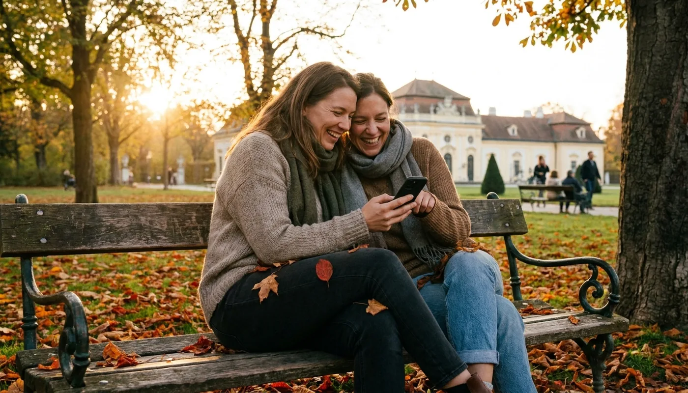 Zwei Frauen lachen zusammen über ein Smartphone im Park