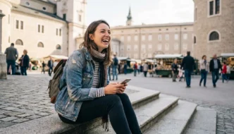 Frau lächelt mit dem Smartphone auf einem Stadtplatz