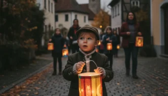 Kind mit leuchtender Laterne beim Martinsumzug