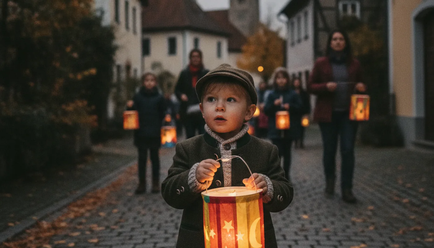 Kind mit leuchtender Laterne beim Martinsumzug