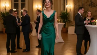 Frau im eleganten grünen Cocktailkleid bei einem festlichen Abendevent