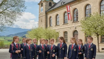 Schulkinder in einheitlicher Schulkleidung vor einer Schule