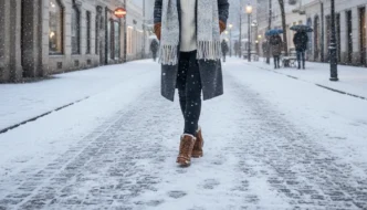 Frau mit gefütterten Winter-Sneakers auf verschneiter Straße