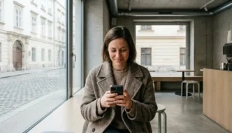 Frau am Smartphone in einem modernen Café