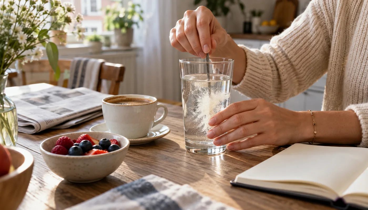 Hände rühren Kollagenpulver in ein Glas Wasser am Frühstückstisch