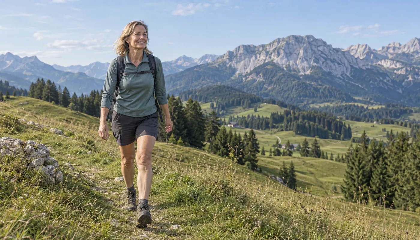 Frau wandert auf einem Wiesenweg im österreichischen Alpenvorland