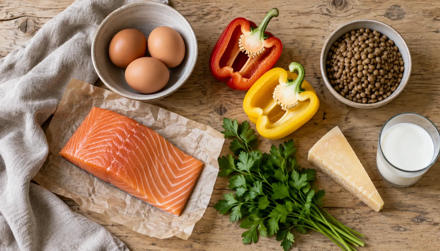 Lachs, Eier, Paprika, Linsen, Käse und Milch auf einem Küchentisch