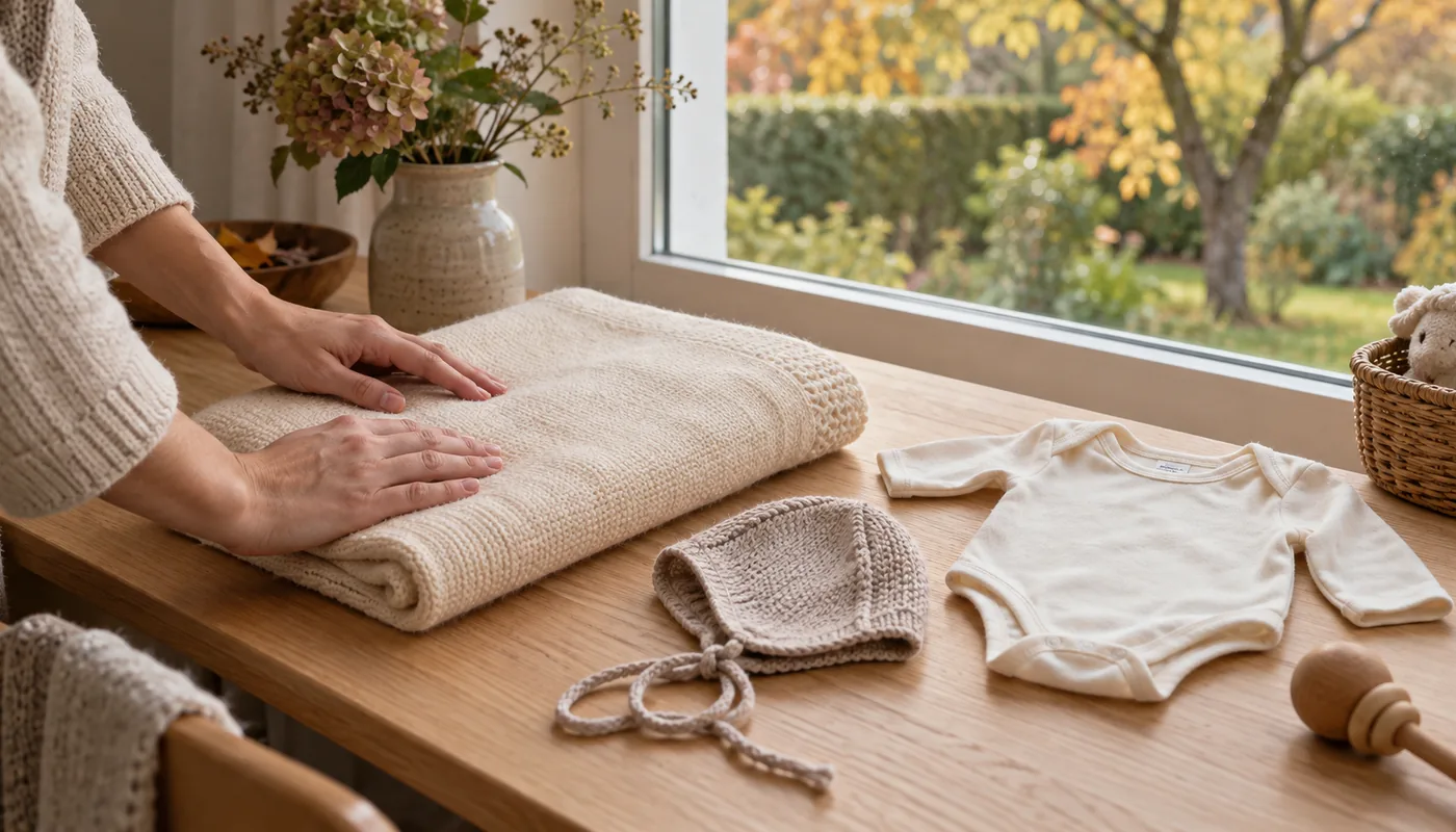 Gefaltete Merino-Babydecke, gestrickte Babyhaube und Wolle-Seide-Body auf einem Holztisch am Fenster