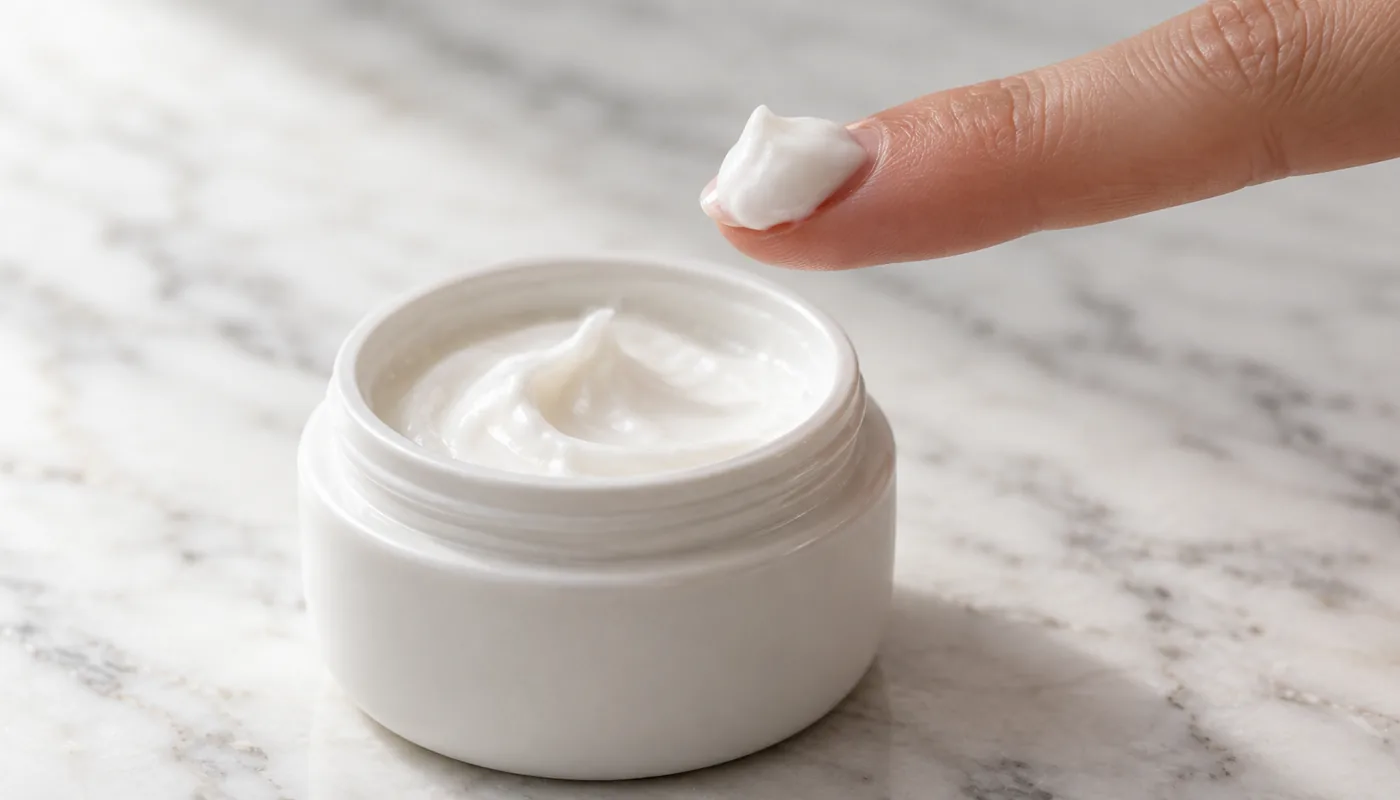 Erbsengroße Menge Creme auf einer Fingerspitze über einem geöffneten Tiegel