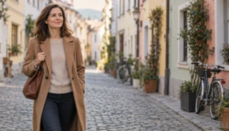 Frau im Kamelmantel geht lächelnd und aufrecht durch eine Gasse mit Kopfsteinpflaster