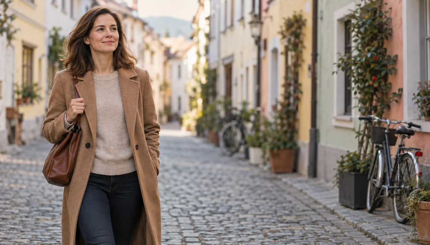 Frau im Kamelmantel geht lächelnd und aufrecht durch eine Gasse mit Kopfsteinpflaster