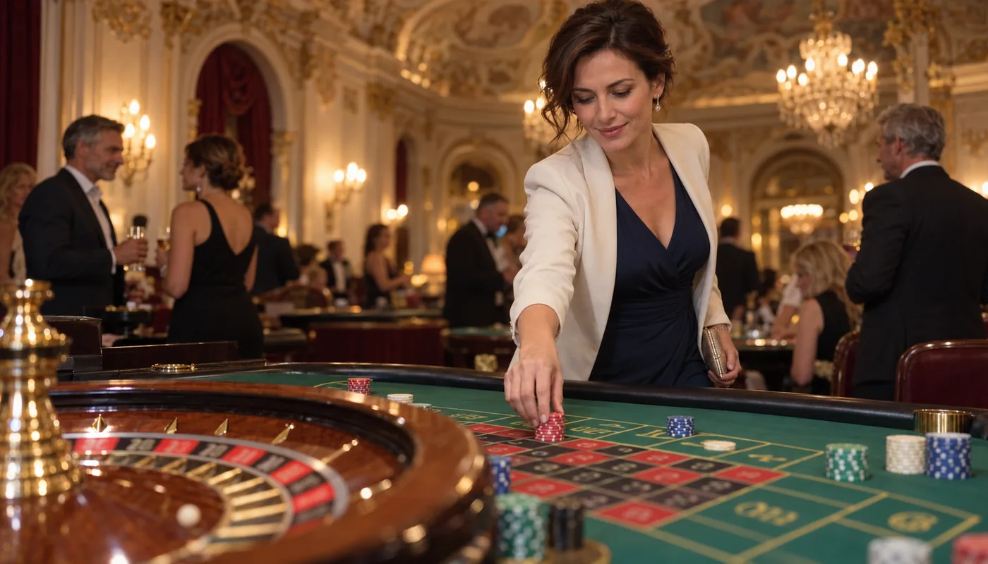 Frau im dunkelblauen Kleid und hellem Blazer setzt Jetons am Roulettetisch eines klassischen Casinos