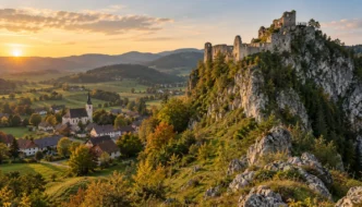 Burgruine auf einem Kalkfelsen über einem Kärntner Dorf (Illustration)