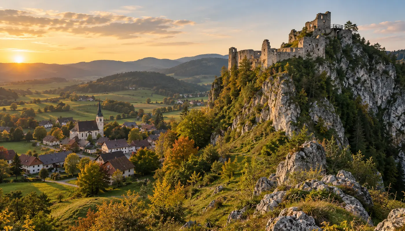 Burgruine auf einem Kalkfelsen über einem Kärntner Dorf (Illustration)