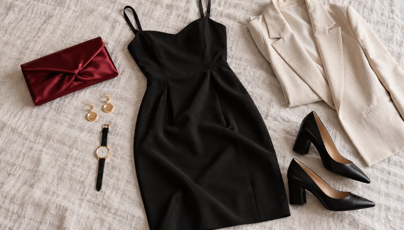 Casino-Outfit für Frauen: kleines Schwarzes, Clutch in Bordeaux, Pumps mit Blockabsatz, Goldohrringe, Uhr und Blazer