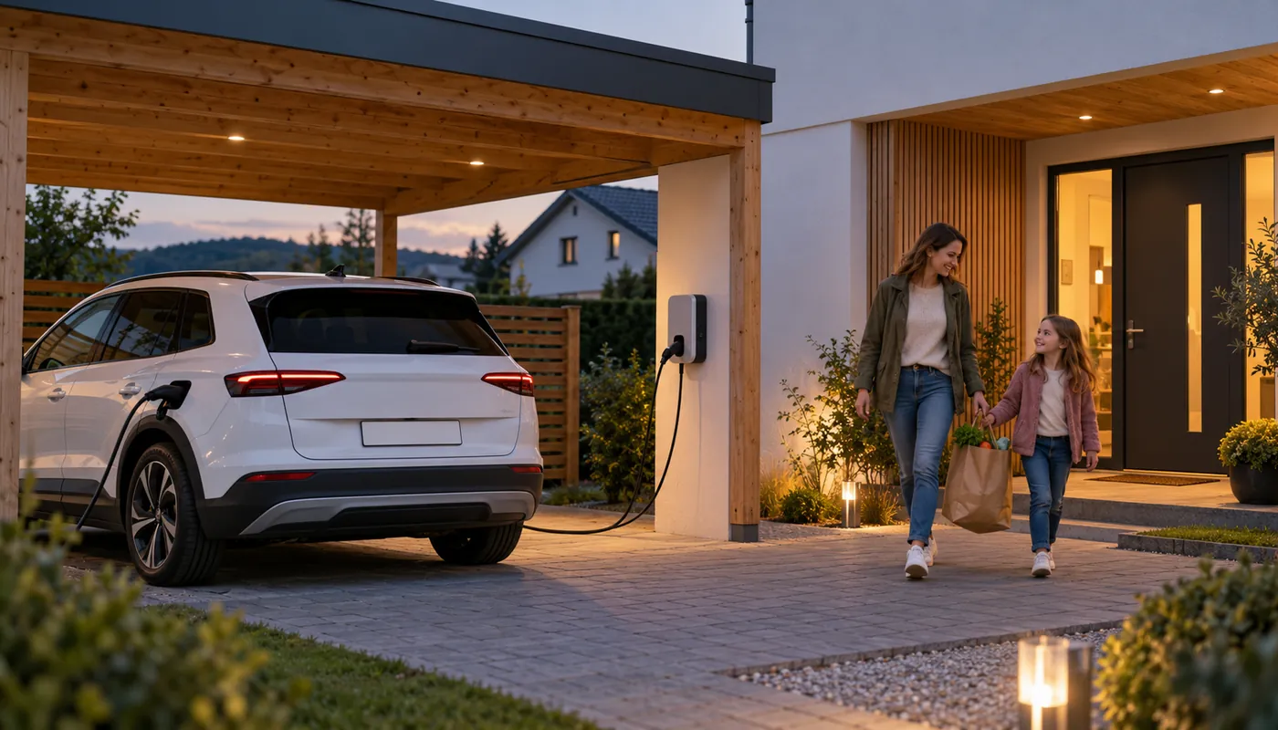 Weißes Elektro-SUV lädt im Carport an einer Wallbox, Mutter und Tochter gehen zum Haus