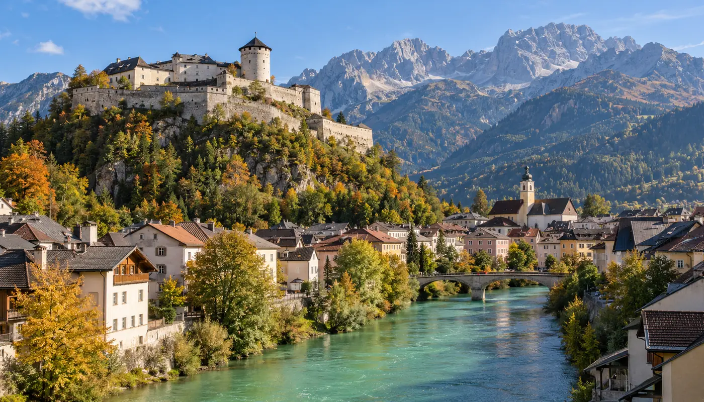 Festung über einer Alpenstadt am Fluss (Illustration)
