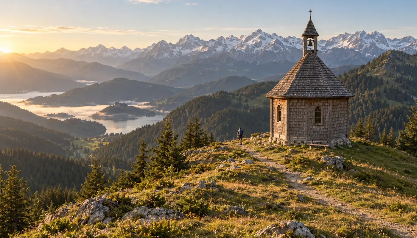 Kleine Holzkapelle auf einem Alpengipfel im Morgenlicht (Illustration)