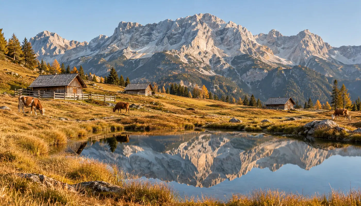 Almhütten und Rinder an einem Bergteich vor einer Kalkwand (Illustration)