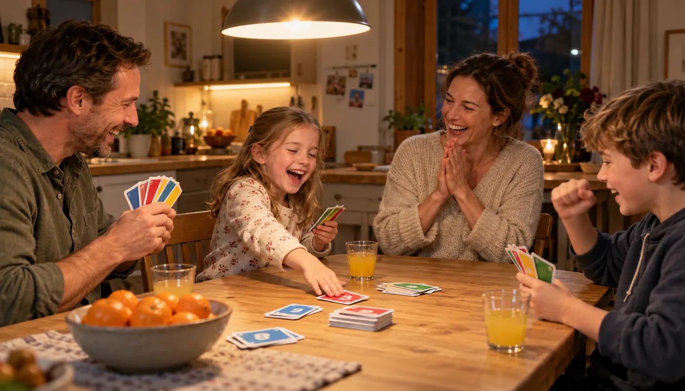 Familie mit zwei Kindern spielt am Küchentisch Karten, die Tochter legt lachend ihre letzte Karte ab
