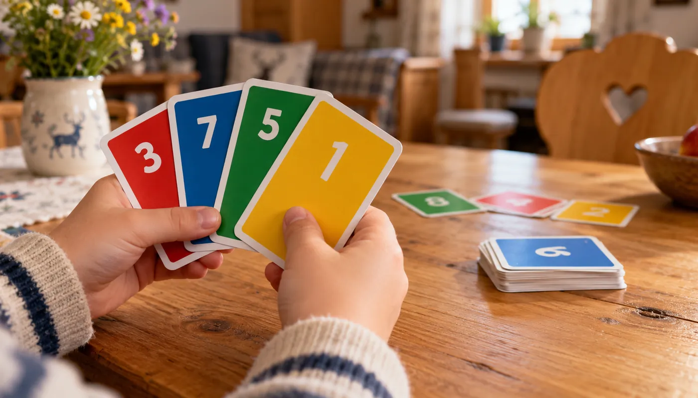 Kinderhände halten bunte Zahlenkarten über einem Holztisch