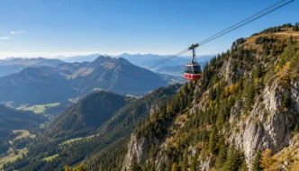 Rote Seilbahnkabine über bewaldeten Felswänden in den Alpen (Illustration)