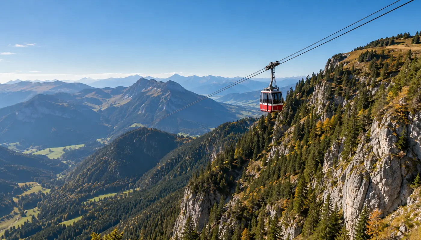 Rote Seilbahnkabine über bewaldeten Felswänden in den Alpen (Illustration)