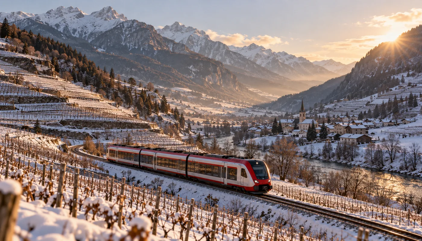 Regionalzug fährt durch ein verschneites Tal mit Weinbergen in Südtirol