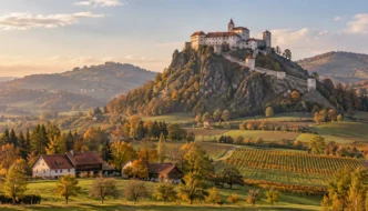 Burg auf einem Felsen über der steirischen Hügellandschaft im Herbstlicht (Illustration)
