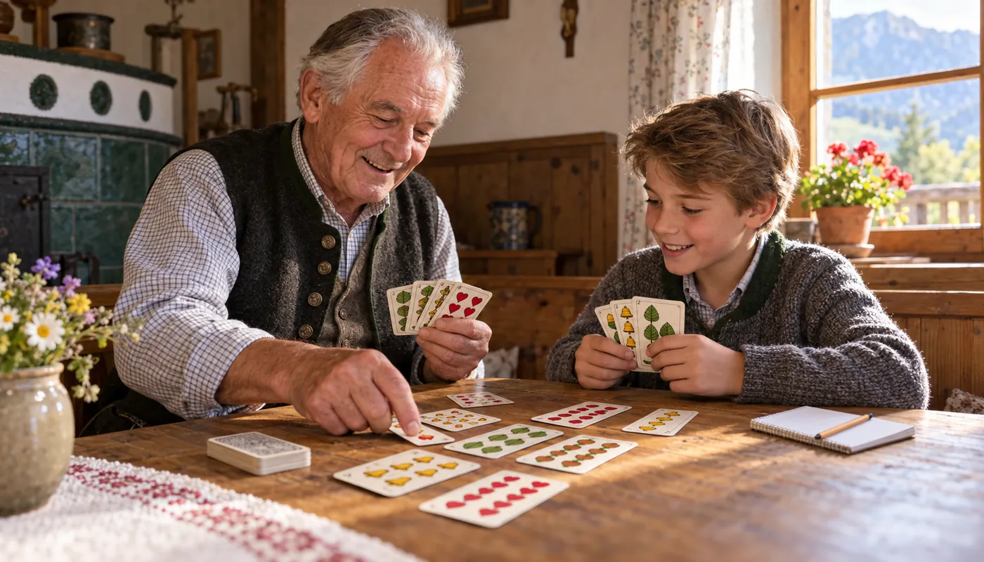 Großvater bringt seinem Enkel in einer Bauernstube ein traditionelles Kartenspiel bei